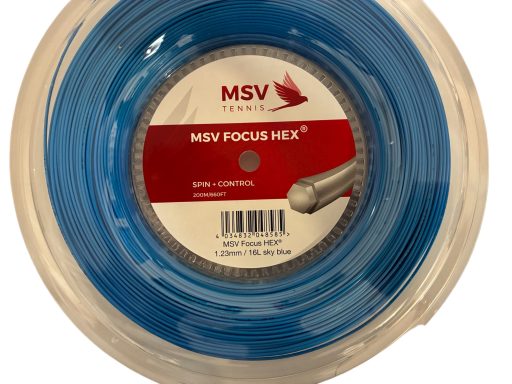 Blauer Tennisschnur auf einer Spule mit der Aufschrift "MSV Focus HEX".