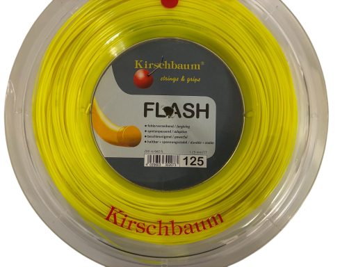 Gelbe Angelschnur in runder Verpackung mit dem Markennamen Kirschbaum und der Bezeichnung "FLASH".