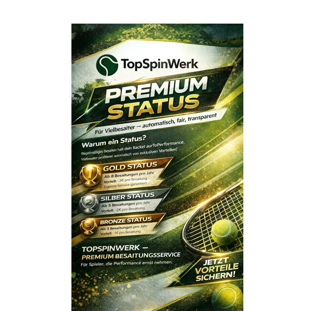 Werbung für TopSpinWerk Premium-Status mit Tennis-Motiv und Informationen zu Angeboten.