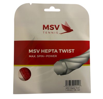 MSV Hepta Twist Tennis Saitenverpackung mit Informationen zu Spin und Power.