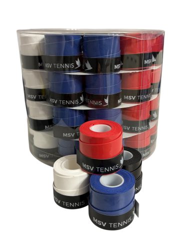 Bunte Tennisbänder in einer transparenten Verpackung, rot, blau, weiß und schwarz.