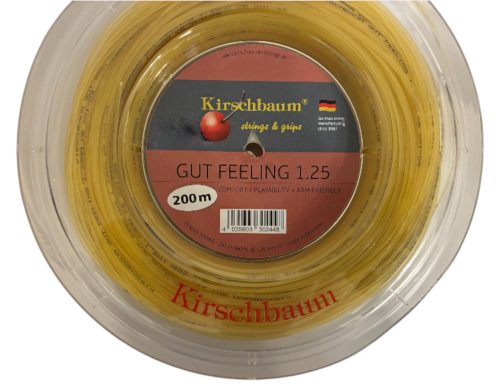 Gelbe Angelschnur der Marke Kirschbaum, Stärke 1,25 mm, auf einer transparenten Spule.