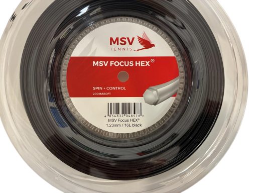 Schwarze Tennis-Saite in einer runden Packung mit rotem Etikett.